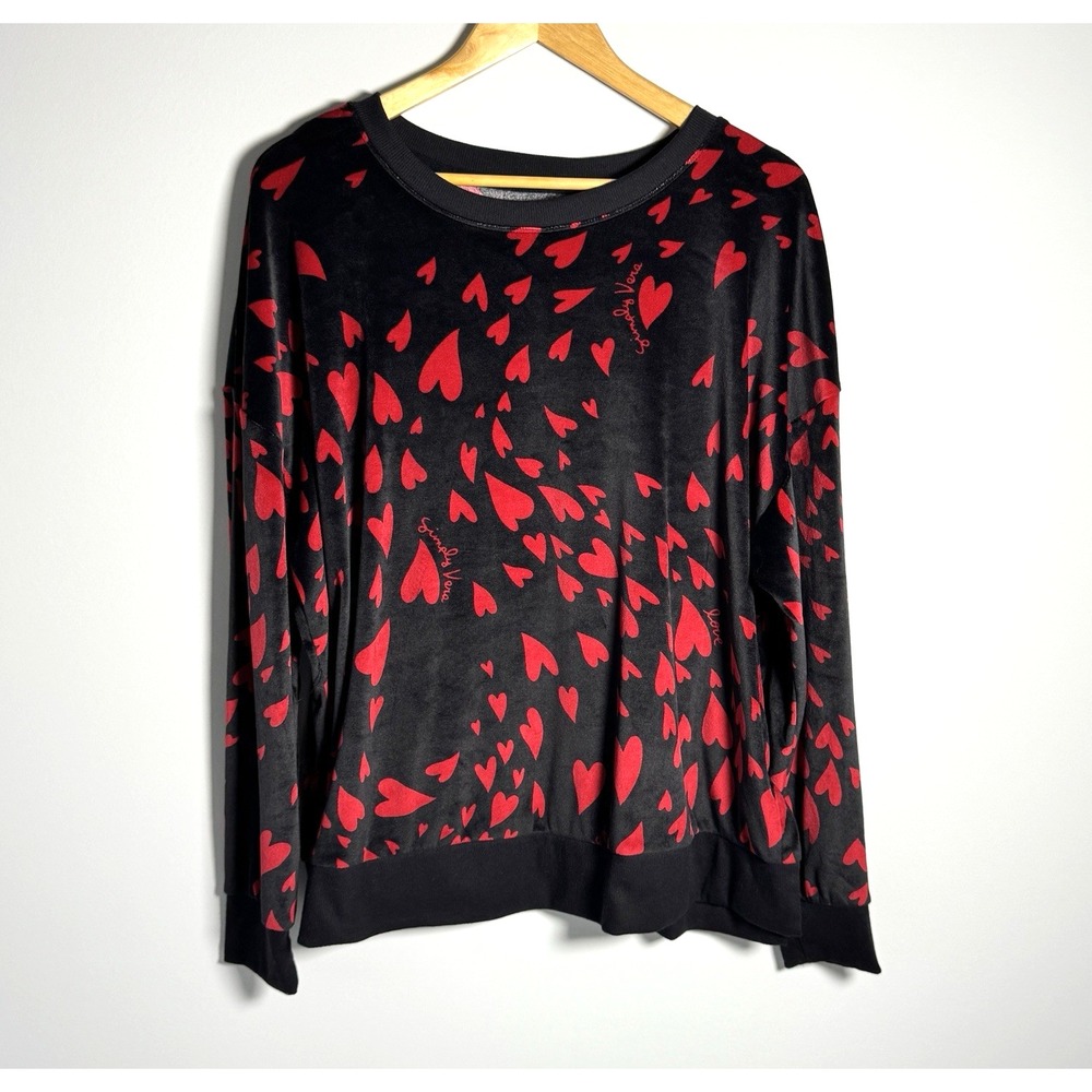 Simply Vera Wang Love Lounge Top XL Black Red Hearts‎ Long Sleeve Soft Knit